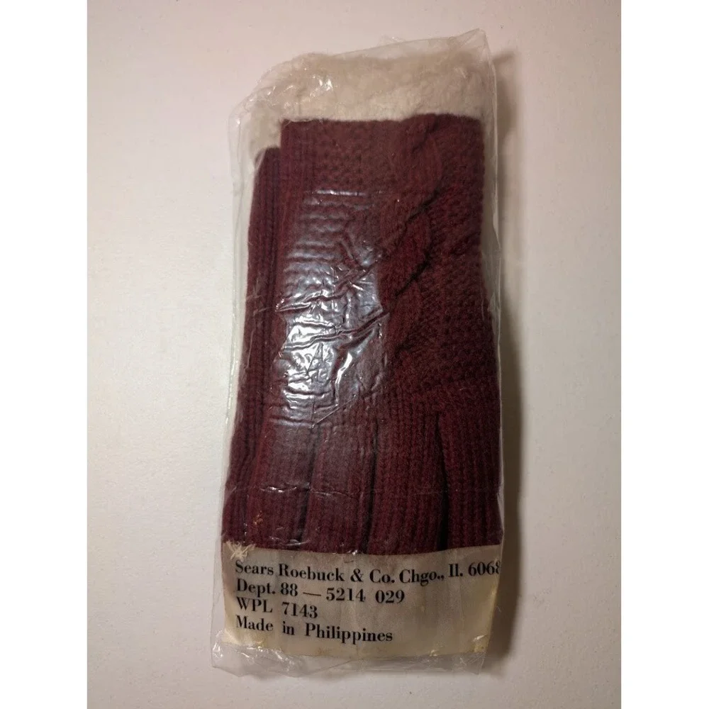 Vintage Sears Roebuck‎ Cable Knit Gloves Burgundy Faux Fur Trim New Sealed